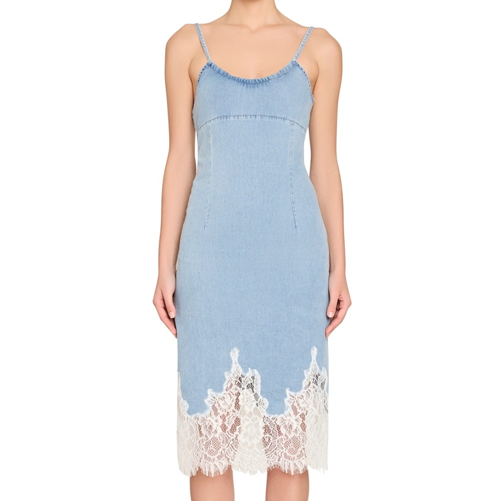 Amanda Uprichard Kenzie Light Blue Denim Dress with White Lace Detail